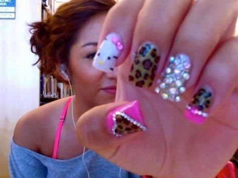 Paznokcie Hello Kitty, Hello Kitty Nail, Kitty Nail, Cheetah Print Nails, Cheetah Nails, Duck Nails, Leopard Print Nails, Hello Kitty Nails, Y2k Nails