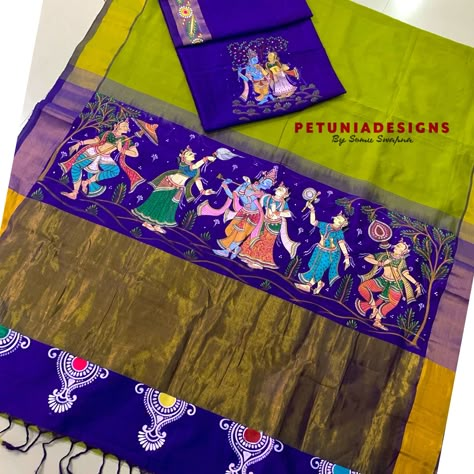 Saree Blouse Painting, Saree Pallu Painting Designs, Paintings On Sarees, Painting On Sarees Fabric, Pattachitra Dupatta, Radha Krishna Fabric Painting, Tanjore Painting On Fabric, Fabric Painting On Saree, Patachitra Saree