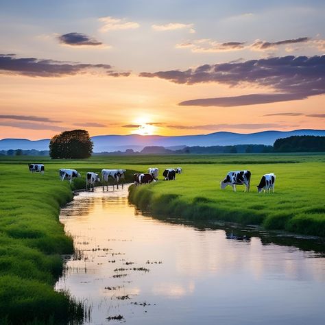 Photo cows grazing by a waterway at suns... | Premium Photo #Freepik #photo Cows Wallpapers Desktop, Country Morning, Cow In A Field, Cows In Sunset, Cows Grazing, Cows In Meadow, Morning Sunrise, Premium Photo, Cow