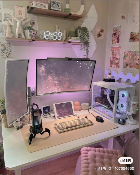 Aesthetic Monitor Setup, Computer Set Up, Gaming Setup Bedroom, Things I Want To Buy, Deco Gamer, Games Room Inspiration, Gaming Desk Setup, Pink Games, Gamer Setup