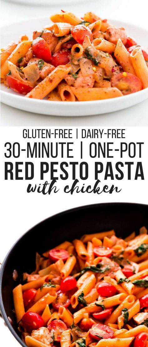 Ready under 30 minutes using only one pot, this delicious creamy red pesto pasta with chicken recipe is the perfect weeknight meal. Full of veggies, healthy to boot and super easy to make, this gluten-free comfort food dinner instantly became a family favorite in our house. Sun-dried tomato pesto was used for this recipe but roasted red pepper pesto could also be used. | onecleverchef.com #glutenfree #dairyfree #weeknightmeal #onepotpasta #30minutemeal #quickdinner Gluten Free Comfort Food Dinners, Red Pesto Pasta, Pesto Pasta With Chicken, Gluten Free Comfort Food, Pasta With Chicken, Dairy Free Pasta, Red Pesto, Pesto Pasta Recipes, Pesto Chicken Pasta