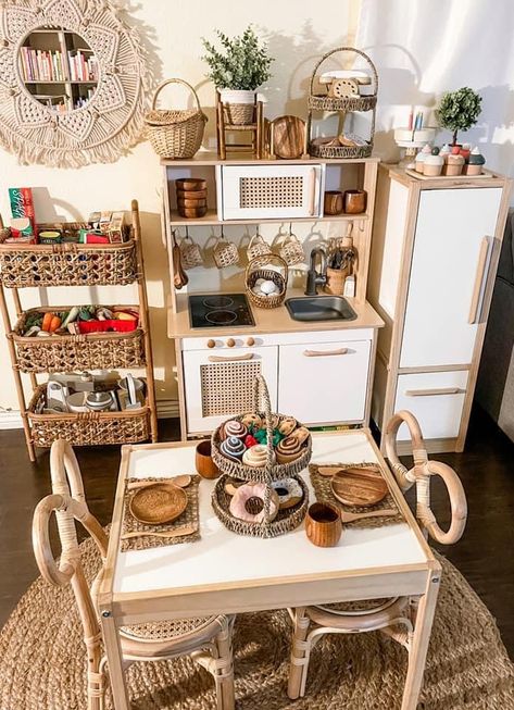 Dream Toy Room, Farmhouse Play Kitchen Makeover, Montessori Pretend Play Area, Playroom Kitchen And Market, Wooden Toy Kitchen Makeover, Small Boho Playroom, Play Kitchen Area Playrooms, Boho Toy Room, Reggio Inspired Playroom