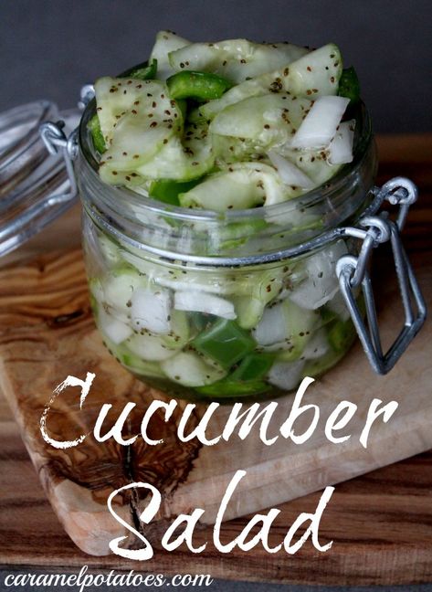 cucumber salad with onions and green peppers Simple Cucumber Salad, Green Salads, Slotted Spoon, Green Peppers, Cucumber Recipes, Sweet Tart, Celery Seed, Green Pepper, Kinds Of Salad