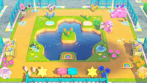 Acnh Kidcore Campsite, Kidcore Ideas Acnh, Animal Crossing Build Ideas Kidcore, Acnh Space Fillers Kidcore, Acnh Kidcore Island Ideas, Acnh Kidcore Villagers, Star Pond Acnh, Animal Crossing Island Inspiration Kidcore, Kidcore Animal Crossing Builds