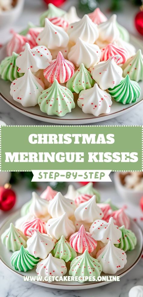 Light and festive Christmas Meringue Kisses, perfect for easy Christmas dessert ideas. Christmas Meringue Cookie, Things To Cook For Christmas Dinner, Christmas Meringues Cookies, Christmas Sweets And Treats Desserts, Christmas Cookies Meringue, Christmas Baking Brownies, Peppermint No Bake Dessert, Christmas Dessert Tin Ideas, Christmas Fruit Ideas Parties