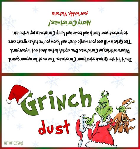 Grinch+Dust+Printable+Label Grinch Dust Printable Free, Grinch Dust Recipe, Grinch Poop Printable Free, Grinch Printables Free, Grinch Dust, Grinch Pills, Grinch Ideas, Grinch Movie, Grinch Stuff