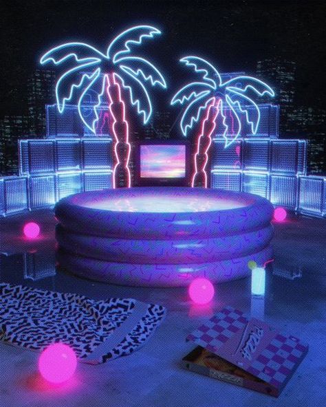 michael on Instagram: “summer in the city . . . #80sinspired #3dart #synthwaveart #retroart #neonaesthetic #vaporwaveart #dreamcore #poolcore #80sdesign…” House Pool Party, Orb Lights, Miami Vice Party, Night City View, Synthwave Fashion, Night Pool Party, Miami Party, Baby Clothes Brands, Orb Light