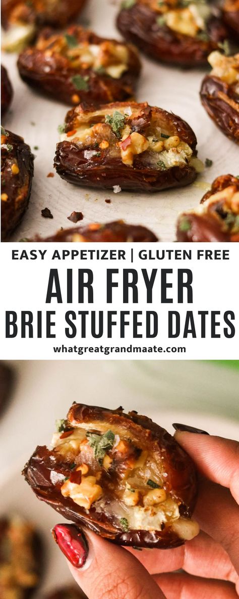 These simple, delicious, and easy brie-stuffed dates in the air fryer is the perfect appetizer for anytime of the year, but I love to serve them over the holidays! Packed with natural sweetness from Medjool dates and honey, as well as savory from creamy brie cheese and spices - I just love the balance of flavors in every scrumptious bite. Baked Brie Recipes With Dates, Brie And Date Appetizer, High Fiber Appetizers, Date Hors D’oeuvres, Medjool Date Recipes Savory, Brie Stuffed Dates, Roasted Stuffed Dates, Stuffed Date Recipes, Appetizers With Dates