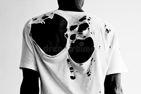 Back of a man wearing a torn white t-shirt. Back of a black man wearing a natura #Sponsored , #AD, #sponsored, #wearing, #black, #natura, #torn Zombie Clothes, Ripped Shirts, Ripped Tshirt, Damaged Clothes, Concept Clothing, Drawing Clothes, White Tshirt, White T, Black Fabric