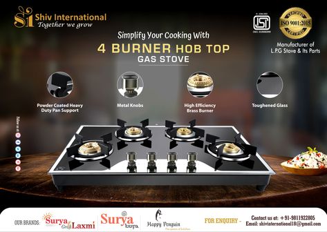 Looking to upgrade your cooking experience? Our high-quality 4-burner hob top gas stove is the perfect addition to any kitchen! With its sleek design and powerful burners, you will be able to cook up delicious meals in no time. #cooktops #GlassTopBurnerSeries #SingleBurnerSeries #DoubleBurnerSeries #threeburnerseries #kitchen #kitchendesign #home #food #cooking #chef #cookaid #kitchenappliances #homeappliances #gasstove #sscooktop #GasChulha #brassburner #lpg #manufacturer #shivinternational Marketing Ads, Double Burner, Single Burner, Cooking Stove, Ads Design, Instagram Template Design, Cooking Chef, Ad Creative, Cooktops