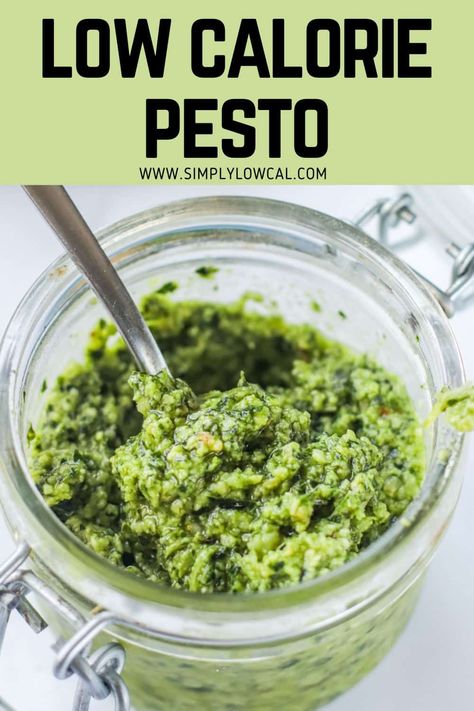 This Low Calorie Pesto is a great way to make homemade pesto sauce with lots of flavor. This pesto sauce recipe is made my favorite way - with fresh spinach, basil, and pine nuts blended with just enough parmesan, garlic, and olive oil for flavor. Healthy Pesto Sauce Recipe, Low Fat Pesto Recipe, Low Cal Pesto, Low Calorie Pesto Recipe, Low Calorie Pesto, Healthy Pesto Recipe, Healthy Pesto Sauce, Fresh Pesto Recipe, Fresh Spinach Recipes