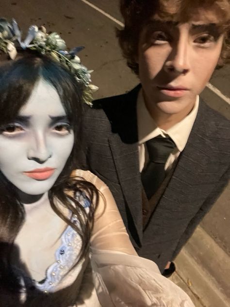 Corpse bride, couples costume, emily and victor,halloween costune, couple coatume idea Emily And Victor Halloween Costumes, Victoria X Emily Corpse Bride, Victor Makeup Corpse Bride, Victor Halloween Costume, Victor Van Dort Costume, Corpse Bride And Victor Costume, Bride Couples Costume, Corpse Bride Costume Couple, Emily And Victor Costume