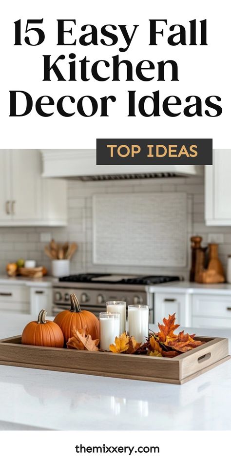 Tray with pumpkins, candles, and fall leaves on a kitchen island. Fall Countertop Decor Kitchen, Fall Kitchen Countertop Decor, Fall Kitchen Decor Ideas, Fall Tray Decor, Top Of Kitchen Cabinets, Fall Tray, Fall Front Porch Ideas, Kitchen Countertop Decor, Countertop Decor