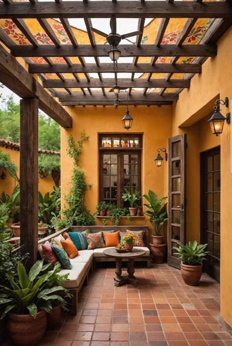 Mexican Style Outdoor Patio, Outdoor Spanish Patio, Italian Patio Ideas Backyards, Spanish Style Outdoor Patio Ideas, Mexican Backyard Ideas, Outdoor Mexican Patio, Mexican Outdoor Decor Patio, Varanda Ideas, Modern Mexican House