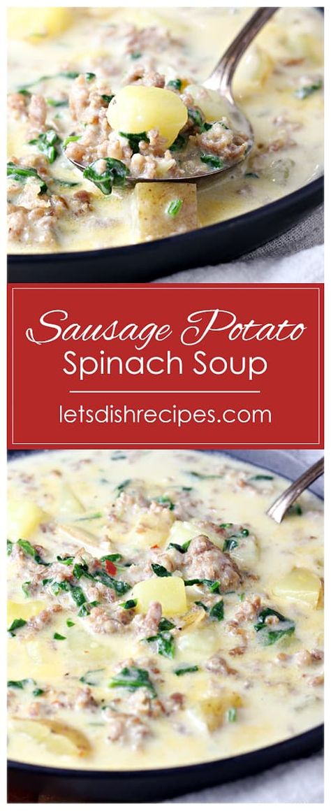 12 Tomatoes Creamy Italian Sausage And Potato Soup, Sausage Potatoes Spinach Soup, Sausage And Spinach Soup Recipes, Sausage Potato And Spinach Soup, Italian Spinach Soup, Italian Sausage Soup With Spinach, Potato And Ground Sausage Recipes, Ground Beef Spinach Soup, Ground Italian Sausage And Potatoes