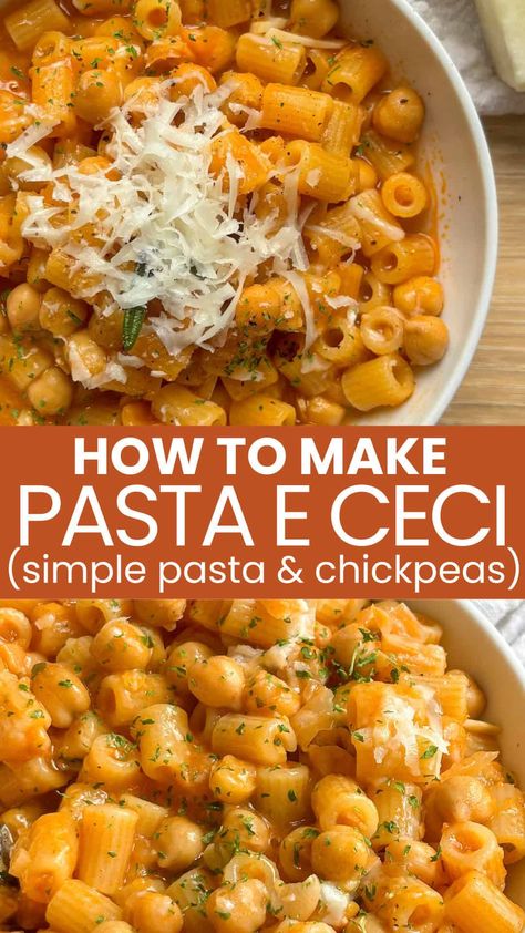 Pasta e Ceci (Pasta with Chickpeas) Recipe Pasta And Ceci, Pasta Simple Easy, Quick Lunch Pasta, Chickpea Pasta Vegan, Pasta Meals Vegetarian, Chickpeas With Pasta, Pasta E Cece, Chickpea Supper Recipes, Easy Pasta Lunch Recipes