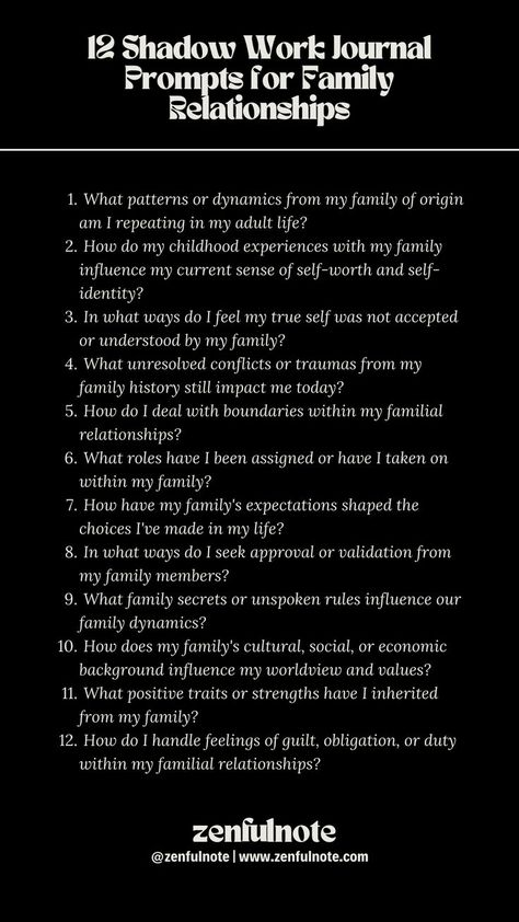 Shadow work focusing on familial relationships can help uncover and heal from the complexities, patterns, and unconscious dynamics that shape our interactions and self-perception within our family. Approaching these questions requires courage and honesty. Shadow Work Journal Prompts, Work Journal Prompts, Shadow Work Spiritual, Mindfulness Journal Prompts, Shadow Work Journal, Journal Topics, Journal Questions, Healing Journaling, Daily Journal Prompts