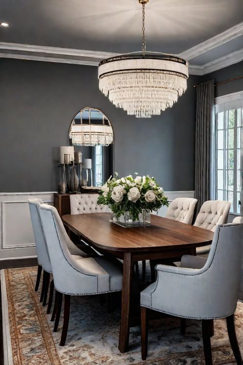 Timeless dining room design with neutral colors and pops of color Dark Grey Wall Dining Room, Modern Gray Dining Room, Dining Room Table Runner Ideas, Popular Dining Room Colors, Ottawa House, Dark Grey Dining Room, Living Room Open Concept, Formal Dining Room Decor, Timeless Dining Room