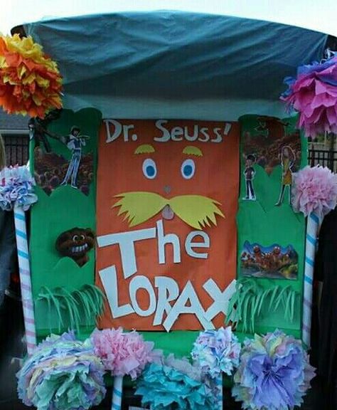 Our creation of The Lorax trunk or Treat 2016 Trunk Or Treat Ideas Based On Books, Lorax Trunk Or Treat Ideas, The Lorax Trunk Or Treat, Lorax Trunk Or Treat, Trunker Treat Ideas, Church Halloween, Trunk Ideas, Truffula Trees, Trunk Or Treat Ideas