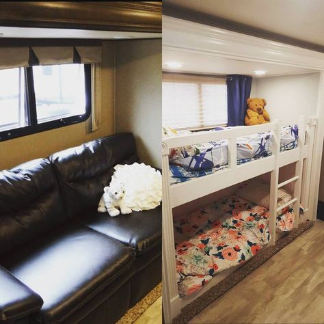 Need some inspiration for your RV bunks beds? We've got a selection of great ideas for RV bunk beds in your motorhome, travel trailer or fifth wheel camper. Diy Camper Bunk Beds Travel Trailers, Rv Kids Beds, Camper Makeover Bunk Beds, Diy Bunkbeds For Camper, Bunk Bed In Camper, Rv Bunk Beds Remodel, Diy Bunk Beds In Rv, Diy Bunk Beds In Camper, Motorhome Bunk Bed Ideas