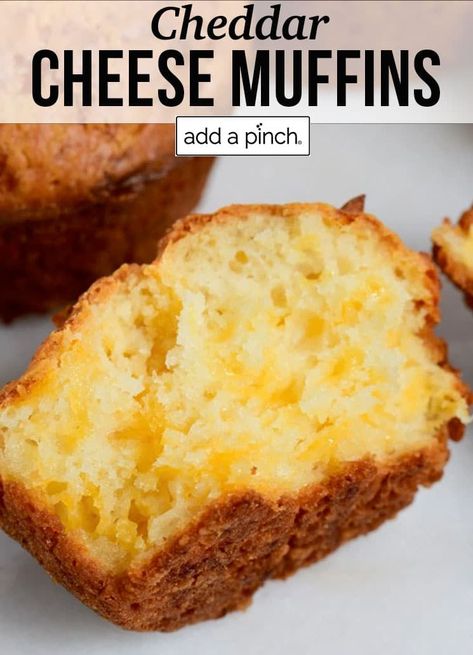 Easy Cheddar Cheese Muffins are so tender and delicious! This cheesy bread is perfect for serving any meal of the day and great with everything from bacon to bbq and more! //addapinch.com #cheddarcheesemuffins #cheddarmuffins #muffins #addapinch Cheese Muffins Cheddar, Make Ahead Cheesy Muffins, Bovril And Cheese Muffins, Cheddar Cheese Muffins, Cheesy Cornbread Muffins, Cheese Muffins Recipes Easy, Cheese Muffins Recipes, Cheese Cornbread Muffins, Cheesy Muffins