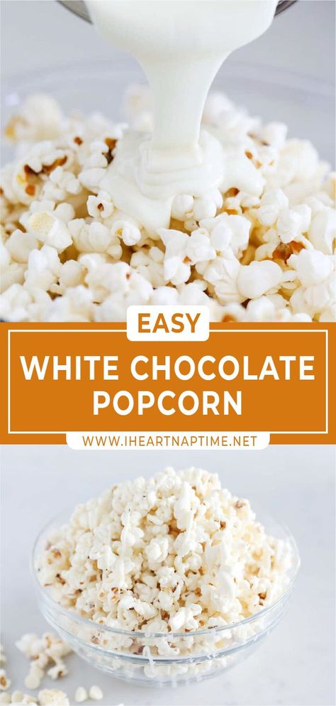 Sweet And Salty White Chocolate Popcorn, White Chocolate Popcorn Halloween, White Popcorn Recipe, White Chocolate Peanut Butter Popcorn Recipe, Choc Covered Popcorn, White Choc Popcorn Recipe, White Chocolate Popcorn Christmas, White Almond Bark Popcorn, Chocolate Coated Popcorn