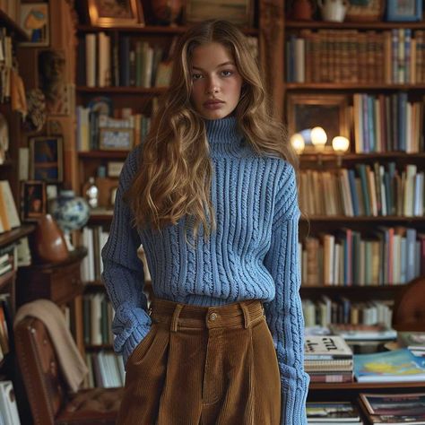 Cool Blue Styles with 70s Fashion Ideas • 333k+ Inspiring Lifestyle Ideas 70s Style Winter Outfit, 70s Fashion Autumn, 70s Winter Style, 60s Autumn Fashion, French 70s Style, Corduroy Maxi Skirt Outfit, 70s Autumn Outfits, Blue Corduroy Skirt Outfit, Fall 70s Outfit