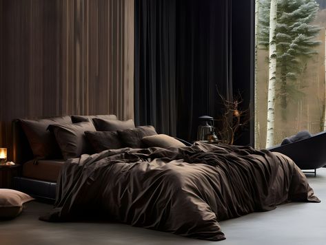 Chocolate Brown Bedding, Black Walls Bedroom, Men Bed, Chocolate Satin, Satin Bed, Brown Bed, Green Duvet, Satin Pillow, Satin Bedding