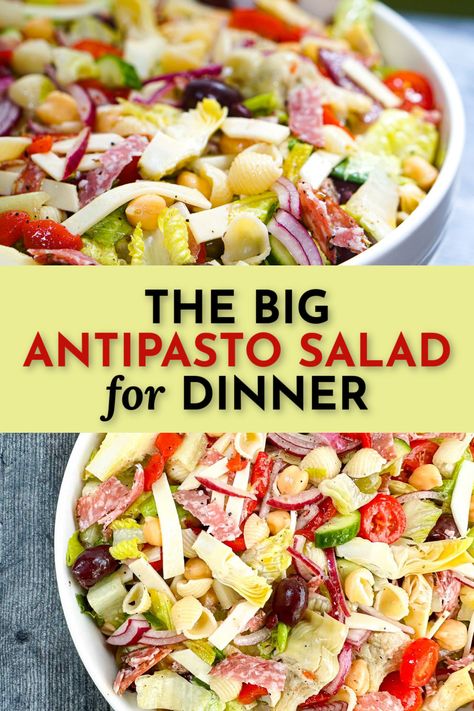 white bowl with antipasto salad and text Antipasto For A Crowd, Antipasto Pasta Salad Recipes, Best Antipasto Salad Recipe, Salads For Large Groups, Italian Dinner For A Crowd, Large Salads For A Crowd, Antipasta Salads, Nourishing Salads, Italian Antipasto Salad