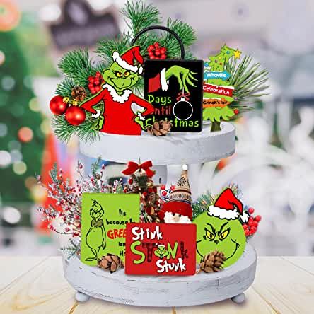 Grinch Tray Decor, Grinch Tiered Tray Decor, Grinch Tiered Tray Ideas, Christmas House Decorations Indoor, Grinch Ideas, Tiered Tray Decorations, Stink Stank Stunk, Tray Decor Christmas, Christmas Tiered Tray