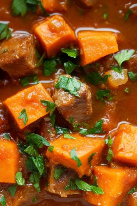 Indulge in a hearty and flavorful meal with this comforting pork and sweet potato stew recipe. Tender pork cooked to perfection with sweet potatoes, creating a delicious and satisfying dish that will warm you up on chilly nights. This stew is packed with rich, savory flavors and wholesome ingredients, making it the perfect easy-to-make dinner option for your family. Treat yourself to this cozy meal that will fill your home with irresistible aromas and leave everyone craving for more. Pork Stew With Sweet Potato, Pork Stew Recipes, Sweet Potato Stew, Potato Stew, Slow Cooked Pork, Easy To Make Dinners, Pork Stew, Stewed Potatoes, Vegetable Stew