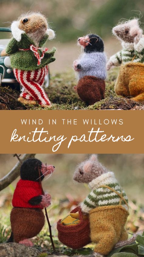 wind in the willows characters to knit - patterns by claire garland aka dot pebbles knits available to buy as PDF downloads including Moley, Mr Badger, Ratty and Mr Toad Knitted Woodland Animals Free Patterns, Toad Wind In The Willows, Beginner Knit Animals, Claire Garland Knitting, Badger Knitting Pattern, Handmade Stuffed Animals Pattern, Dot Pebbles Knits, Free Knit Toy Patterns, Knitted Plushies Patterns