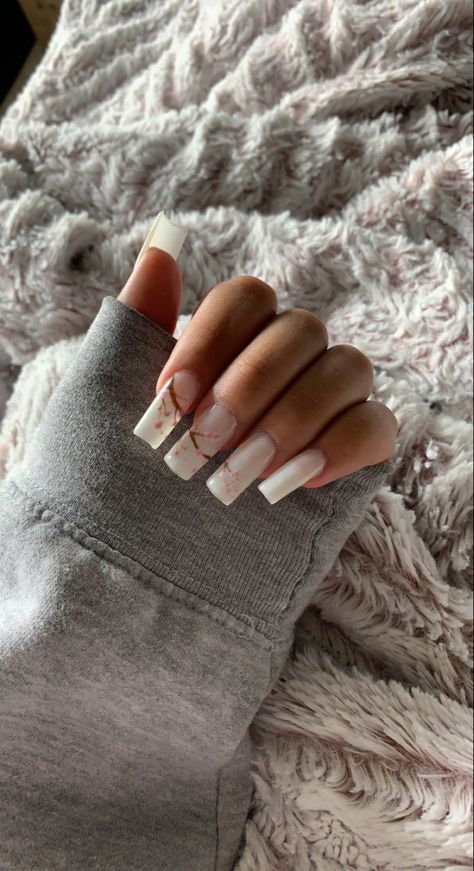 Nails With Cherry Blossoms, Cherry Blossom Nails Acrylic, Blossom Nails, Cherry Blossom Nails, Square Nail Designs, Drip Nails, Colored Acrylic Nails, Grunge Nails, Really Cute Nails