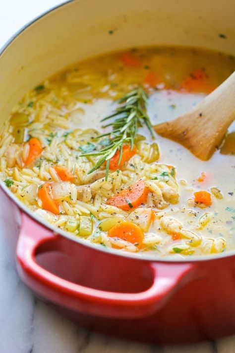 Lemon Chicken Orzo Soup - With boneless chicken thighs Lemon Chicken Orzo, Orzo Soup, Chicken Orzo, Chicken Orzo Soup, Fall Soup Recipes, Lemon Chicken Orzo Soup, Fall Soups, Soup And Sandwich, Chicken Noodle Soup