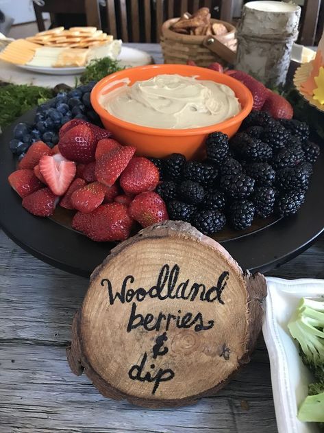 Woodland Themed Fruit Tray, Black Bear First Birthday Party, Woodsy Appetizers, Mountain Theme Party Food, Woodland Fruit Tray, Wild Things Party Food, Woodland Party Food Appetizers, Woodland Themed 1st Birthday Boy, Nature Themed Baby Shower Ideas Boy