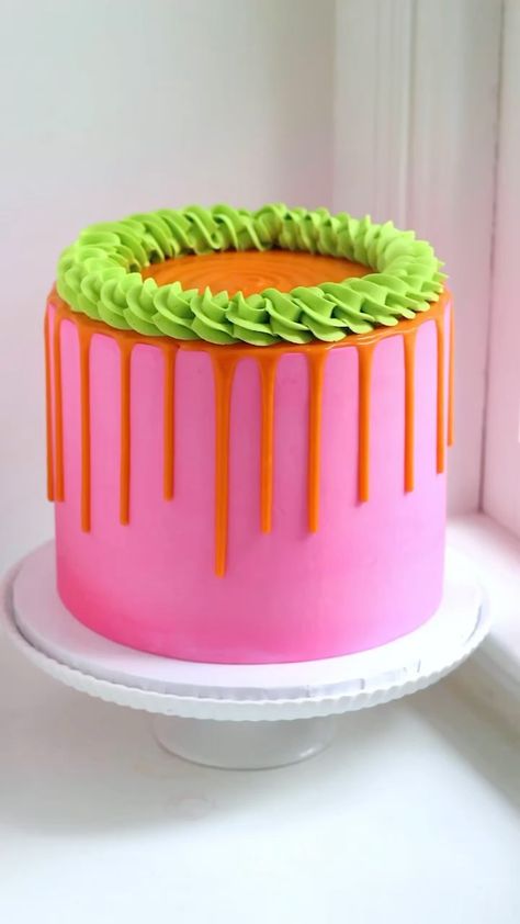 sugarcoatesbakery on Instagram: Extra bright and beautiful today with this neon pink, orange and green cake! • • • • • • • • #dripcake #dripcakes #neon #neonvibes #bright… Neon Drip Cake, Orange And Green Cake, Neon Pink Cake, Orange Birthday Cake, Green Birthday Cakes, Neon Cakes, Bubble Cake, Orange Birthday, Green Cake