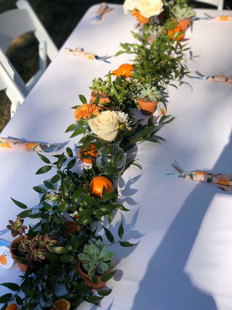 Cutie Themed Centerpieces, Cutie Themed Table Decor, Cuties Table Decor, Rectangular Table Centerpiece Baby Shower, Oranges Centerpiece Ideas, Cutie On The Way Centerpiece, Cuties Centerpiece, Cutie Orange Centerpiece, Orange Centerpieces For Party