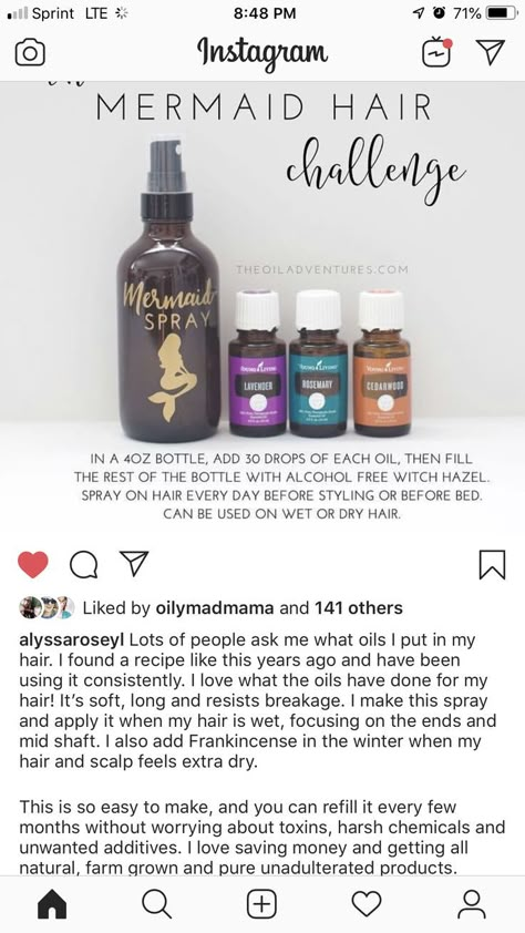 Mermaid Hair Essential Oils, Young Living Hair, Mermaid Hair Spray, Hair Essential Oils, Essential Oils Young Living, Essential Oil Diffuser Blends Recipes, Young Living Essential Oils Recipes, Yl Oils, Essential Oils Guide