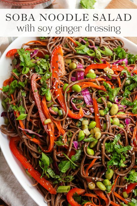 Cold Soba Noodle Salad recipe Vegetarian Soba Noodles, Cold Soba Noodle Recipe, Cold Soba Noodle Salad, Marinated Steak Kabobs, Soy Ginger Dressing, Ginger Chicken Recipes, Soba Salad, Soba Noodle Salad, Noodle Salad Cold