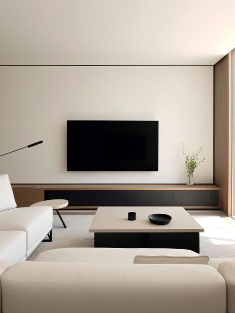 This kind of minimalist decoration,
Based on white and wood tones,
Create a warm and peaceful living atmosphere.
The combination of beige sofa and dark wooden TV cabinet,
Simple yet without losing quality,
It shows the comfort and practicality of modern home.
The large flat-screen TV becomes the visual focus,
It complements the simple style floor lamp.
Adds a modern feel to the space.
Black objects on the rectangular coffee table serve as decorations.
It brings some layered changes to the space. Minimalist Living Room Wooden Floor, Dark Wood Tv Cabinet, Tv Without Wall, Simple Modern Tv Wall, Minimalist Tv Wall, Living Area Layout, Minimalist Tv Cabinet, Wall Cabinets Living Room, Black Objects