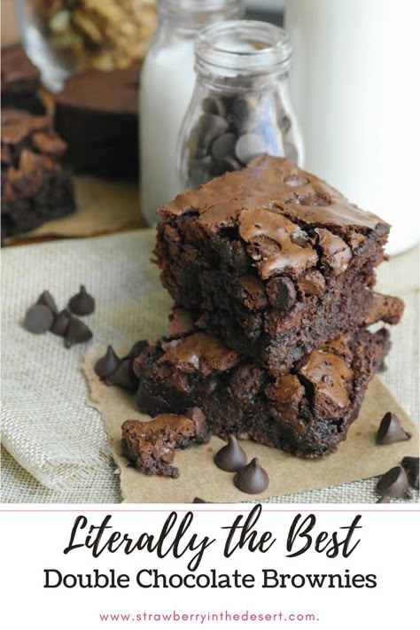 Double Dark Chocolate Brownies, Chocolate Chunk Brownies Recipe, Double Chocolate Chip Brownies, Double Chocolate Fudge Brownies, Brownies Made With Melted Chocolate Chips, Double Chocolate Recipes, Double Chocolate Brownies Recipe, Brownie With Chocolate Chips, Easy Chocolate Chip Brownies