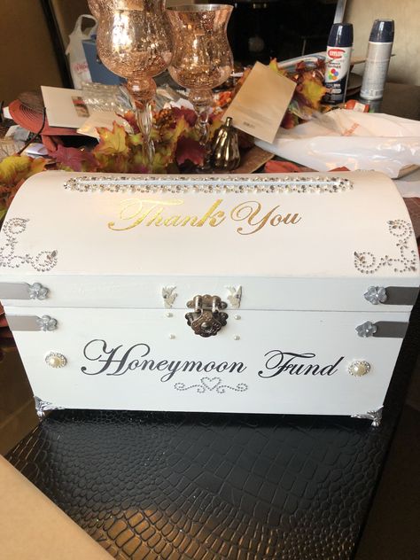 Honeymoon Fund Box For Wedding, Cash Box For Wedding, Honeymoon Box For Wedding, Wedding Cash Box Ideas, Honeymoon Fund Box Ideas, Honeymoon Fund Wedding, Honeymoon Fund Jar, Theme Engagement Party, Wedding Honeymoon Fund