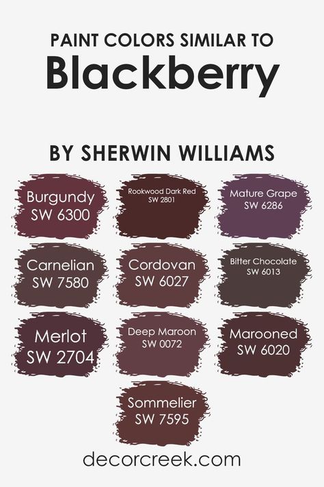 Colors Similar to Blackberry SW 7577 by Sherwin Williams Sw Carnelian Paint, Red Wine Paint Color, Sw Burgundy Paint, Sherwin Williams Bitter Chocolate, Sherwin Williams Eggplant Paint Colors, Deep Maroon Paint Colors, Cordovan Sherwin Williams, Sherwin Williams Burgundy Paint Colors, Sherwin Williams Marooned