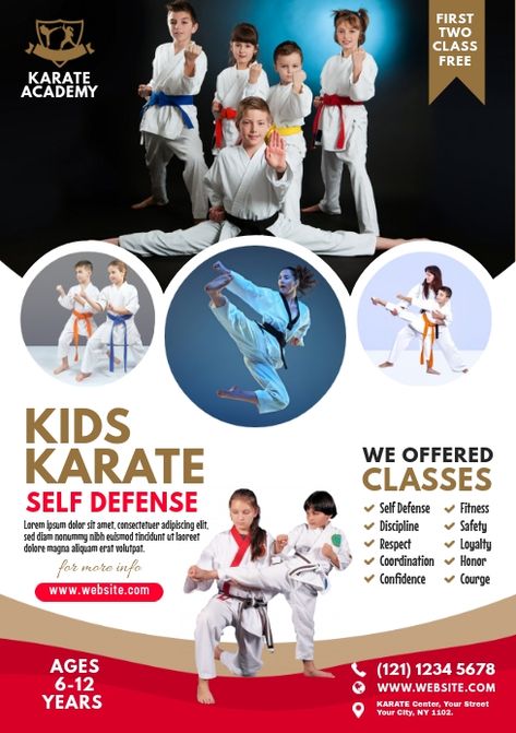 Create the perfect design by customizing easy to use templates in MINUTES! Easily convert your image designs into videos or vice versa! Browse through effective promotional flyers, posters, social media graphics and videos. Download web quality graphics for free! Prices start at $2.99 ONLY. Karate Banner, Karate School, Kids Karate, Karate Classes, Shotokan Karate, Fitness Flyer, Class Poster, Martial Arts School, Desain Editorial