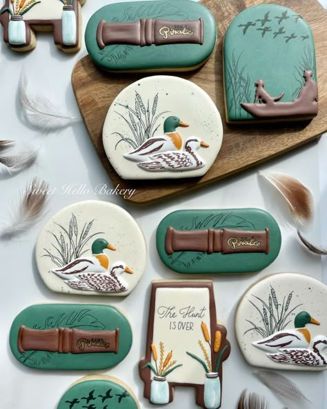 Duck hunting cookie set for the groom 🦆 . When I worked on the ducks design, I left the background empty but after I finished decorating… | Instagram Hunting Baby Shower Ideas, Duck Hunting Wedding, Hunting Wedding Theme, Hunting Baby Shower Theme, Hunting Birthday Cakes, One Lucky Duck, Duck Cookies, Wedding Shower Cookies, Baby First Birthday Themes