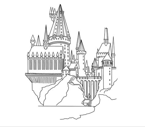 Harry Potter Castle Drawing Easy, Hogwarts Castle Line Art, Hogwarts Castle Outline Tattoo, Hogwarts Line Drawing, Hogwarts Castle Drawing Simple, Hogwarts Castle Illustration, Hogwarts Outline Drawing, Hogwarts Stencil, Harry Potter Tattoo Stencil