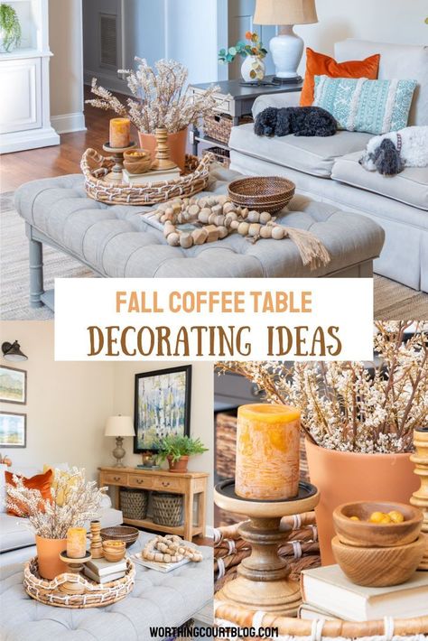 Pinterest graphic Living Room Fall Decor Coffee Tables, Fall Trays For Coffee Table, Fall Family Room Decorating Ideas, Fall Coffee Table Styling, Fall Coffee Table Decor Ideas, Simple Fall Coffee Table Decor, When To Decorate For Fall, Fall Decor For Coffee Table, Fall Coffee Table Decor Tray