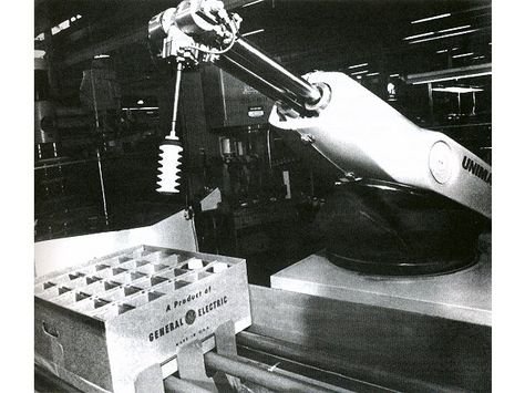 Industrial Robots are Born:  George Charles Devol, often called the father of robotics, invented the first industrial robot, the Unimate, in 1954.  A few years later,  Devol and entrepreneur Joseph F. Engelberger were discussing interested at a part and their company, Unimation, was born. Industrial Robots, Green Tech, Isaac Asimov, Fiction Writer, Robot Design, Robotics, History Books, General Motors, Facts About