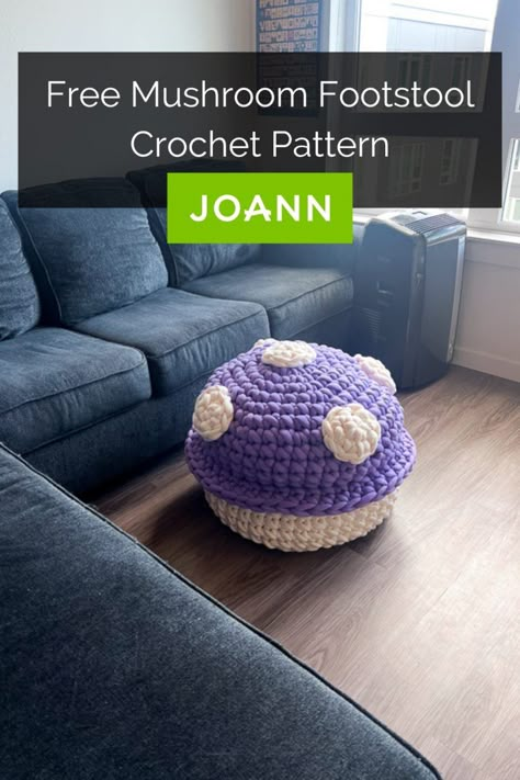 Free Crochet Mushroom Footstool Pattern With JOANN Fidget Mushroom Crochet Pattern, Crochet Couch Cushion, Big Mushroom Pillow Crochet, Crochet Circle Pillow Pattern, Big Mushroom Crochet Pattern, Crochet Computer Chair Cover, Crochet Back Pillow, Crochet Floor Pillow Free Pattern, Succulent Crochet Pillow