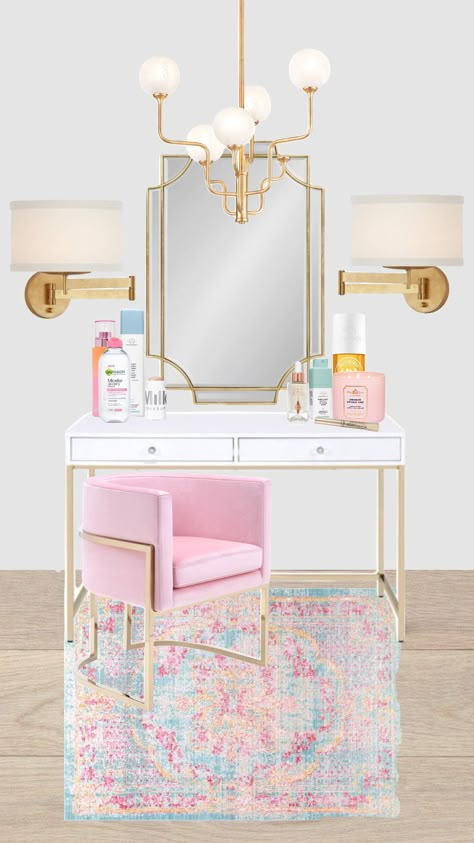 preppy vanity inspo!! #preppy #vanity #inspo #grwm #pink #blue Preppy Vanity, Vanity Inspo, College Dorm Room Inspiration, Shuffles Preppy, College Room Decor, Pink Vanity, College Dorm Room Decor, Preppy Room Decor, Preppy Room